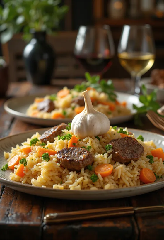 Pilaf bárányhússal tálalva
