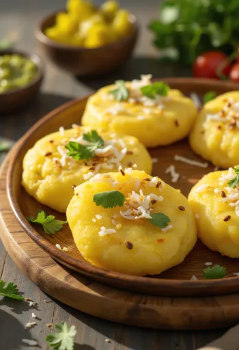 Poha Dhokla, friss korianderrel és kókuszreszelékkel tálalva