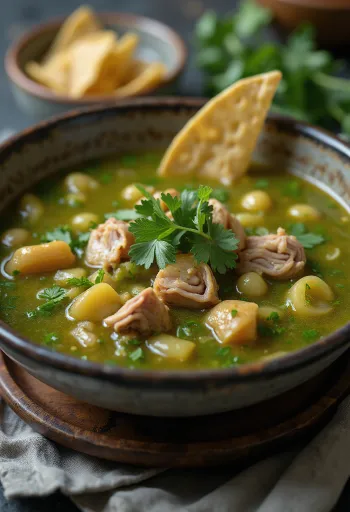 Pozole con tomatillo tálalva lime-mal, korianderrel és friss zöldhagymával