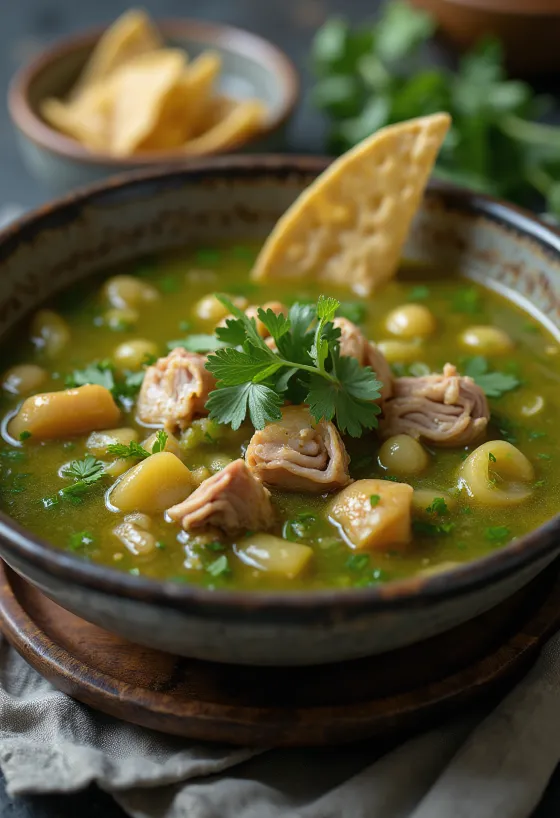 Pozole con tomatillo tálalva lime-mal, korianderrel és friss zöldhagymával