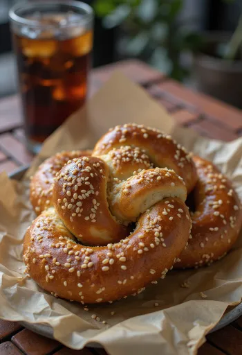 Friss, házi készítésű szezámmagos pretzel, ropogós és aranybarna