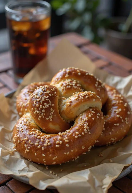 Friss, házi készítésű szezámmagos pretzel, ropogós és aranybarna