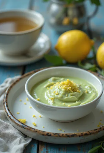 Zöld tea-citrom joghurt ital poharakban tálalva, világos krémes ital, tetején citromhéjjal