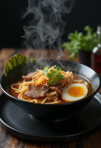 Ramen sült füstölt hússal, főtt tojással és korianderrel tálalva