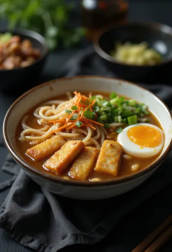 Ramen tál sült tofuból, tésztával és feltétekkel