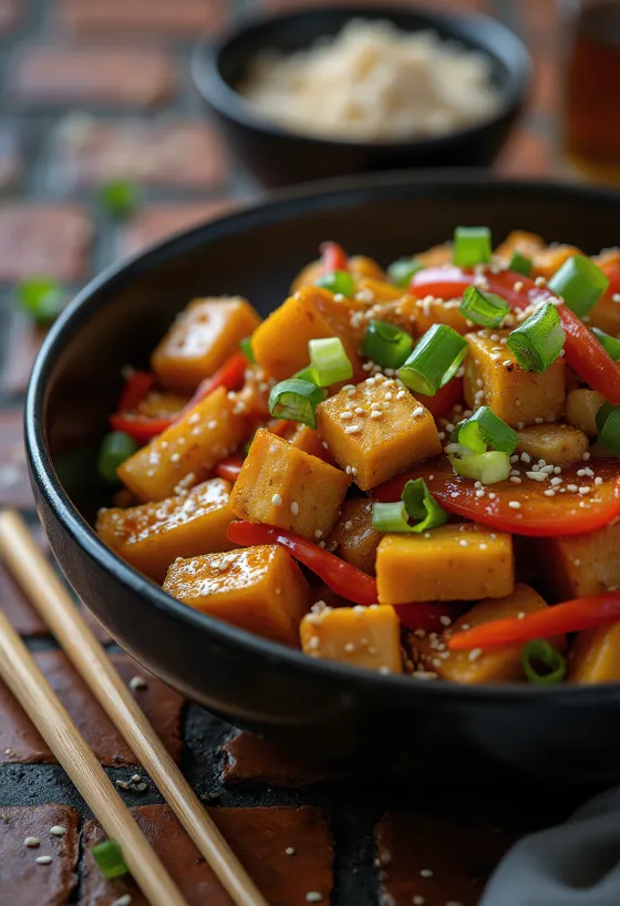 Sütőtökös wok tofuval tálalva