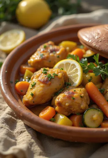 Klasszikus tagine csirkehússal, gazdag zöldségekkel tálalva, fűszeres öntettel