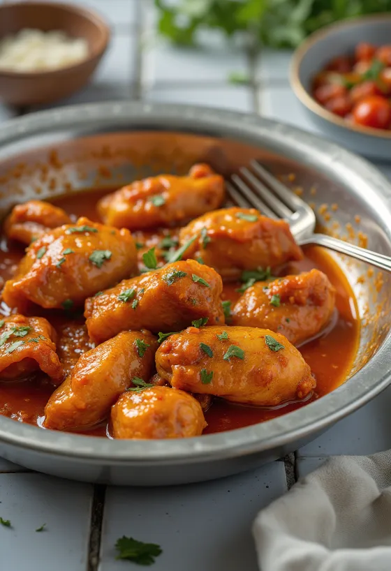 Vindaloo csirkehússal, fűszeres szószban tálalva
