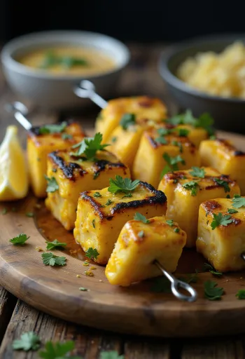Achari paneer tikka grillezett paneer darabok, joghurtos marinádban fűszerezve, friss korianderrel és citrommal tálalva