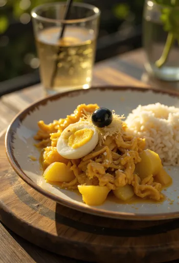 Ají de Gallina hagymával tálalva, friss tojással és mandulaforgáccsal