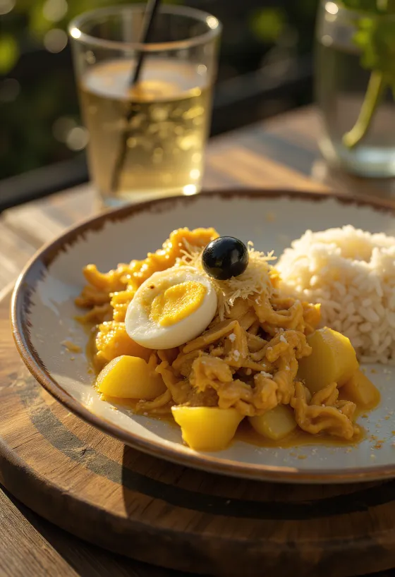 Ají de Gallina hagymával tálalva, friss tojással és mandulaforgáccsal