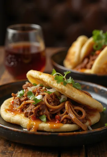 Arepa con Carne Mechada koreai stílusú étel tálalva