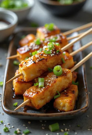 Atsuage tofu yakitori nyársra húzva, szezámmal és zöldhagymával tálalva