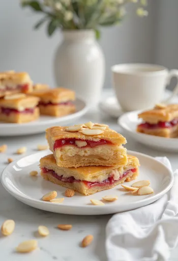 Bakewell tart szeletként tálalva, gazdag mandulás édesség lekvárral és mandulával díszítve