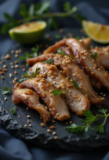 Biltong csirkehús friss korianderrel és szezámmaggal díszítve, szaftosan tálalva