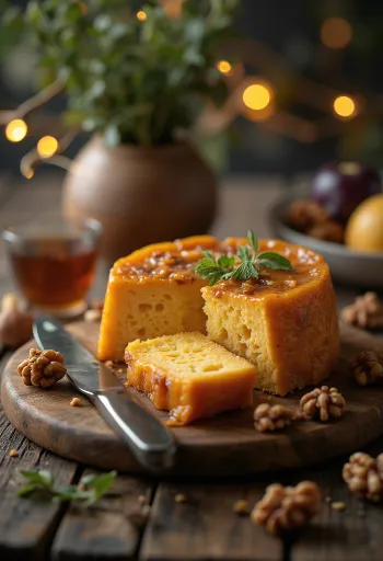 Birsalmasajt aranyszínűre érve, dióval díszítve