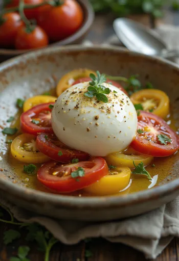 Burrata paradicsommal friss zöldségekkel és olívaolajjal tálalva.