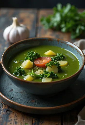 Caldo verde fokhagymával, gazdag krumplival, kale-levelekkel és chorizóval tálalva.
