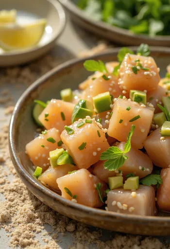 Ceviche Nikkei, tálalva lime-lével, szójaszósszal, avokádóval és korianderrel