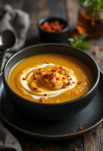 Chilis sütőtökkrémleves tálalva