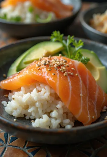 Chirashi tál füstölt lazaccal és friss zöldségekkel tálalva