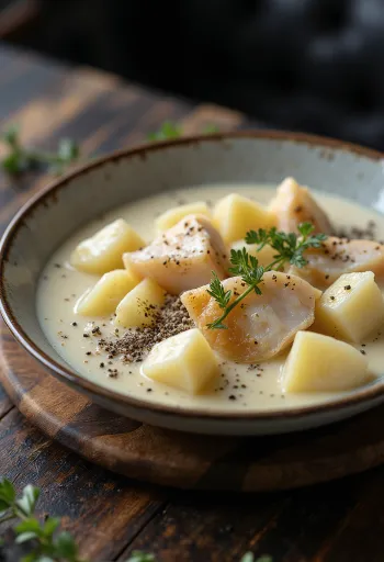 Cullen skink borssal, tálalva friss petrezselyemmel