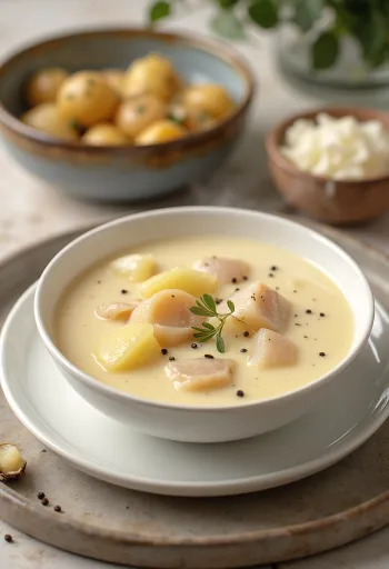 Cullen skink hagymával, gazdag skót halleves burgonyával és tejszínnel