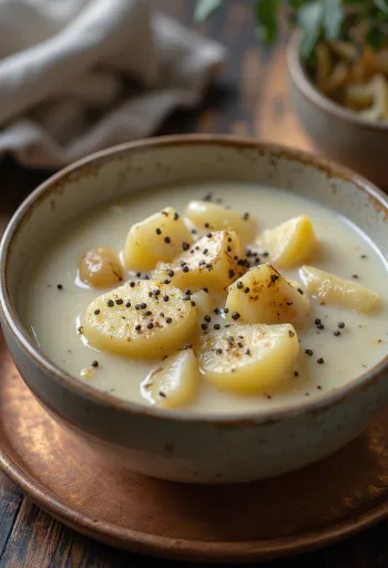 Cullen skink krémes leves formájában tálalva, darabos tőkehallal, burgonyával és zellerrel