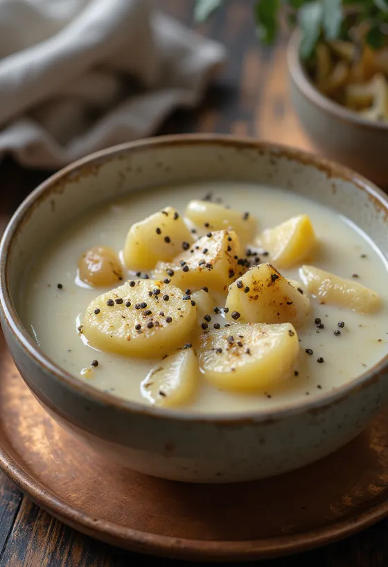 Cullen skink krémes leves formájában tálalva, darabos tőkehallal, burgonyával és zellerrel