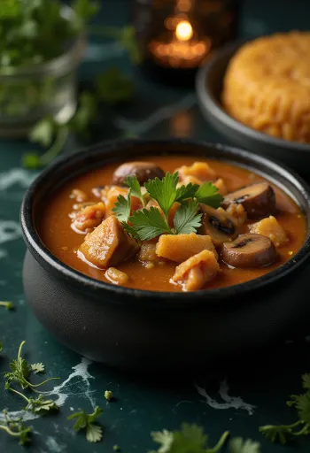 Egusi Soup paradicsommal, marhahússal és friss korianderrel tálalva