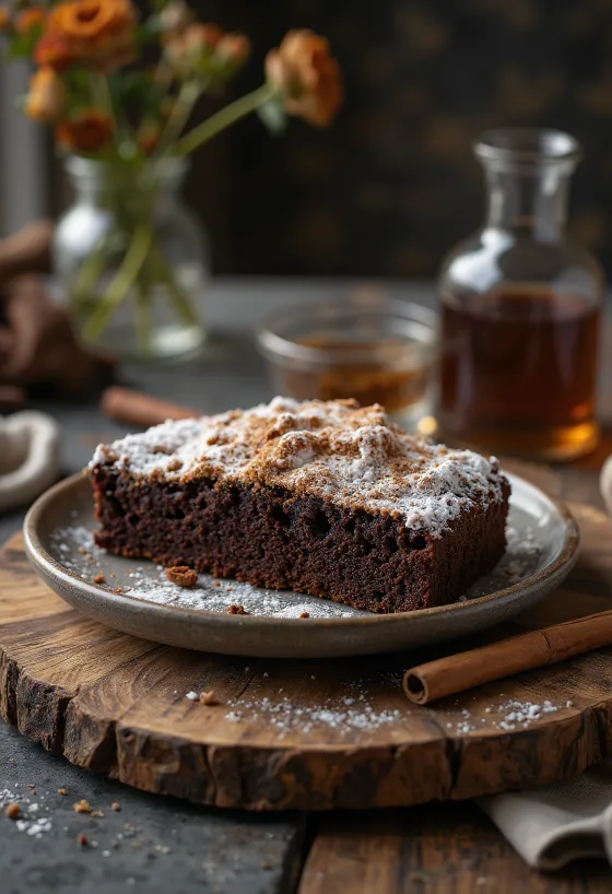 Fahéjas-csokoládés torta porcukorral megszórva
