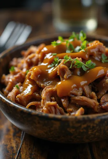 Füstölt BBQ pulled pork mustáros szósszal tálalva