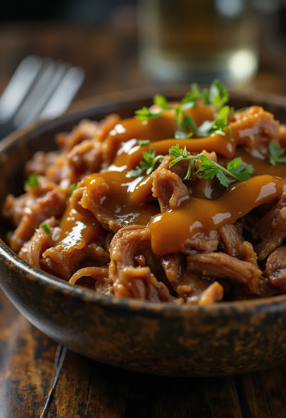Füstölt BBQ pulled pork mustáros szósszal tálalva