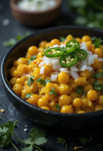 Ghugni chaat tamarind szósszal, zöld chilivel és friss korianderrel