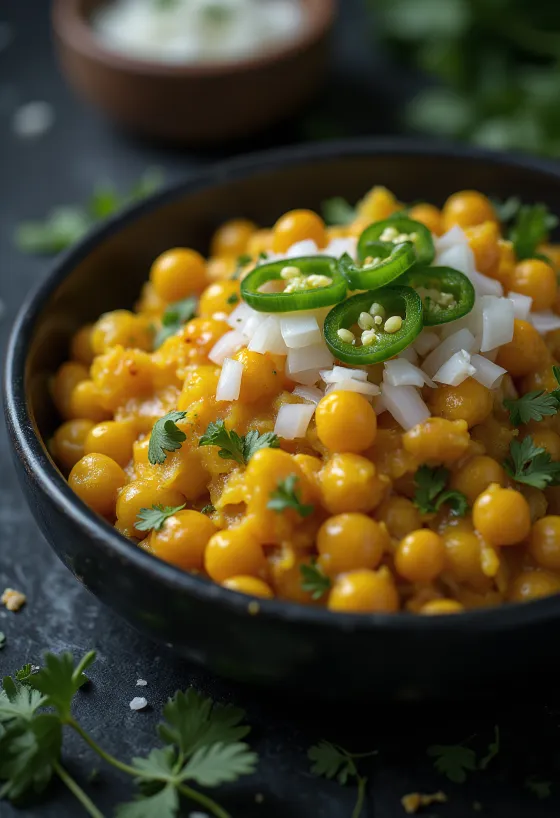 Ghugni chaat tamarind szósszal, zöld chilivel és friss korianderrel