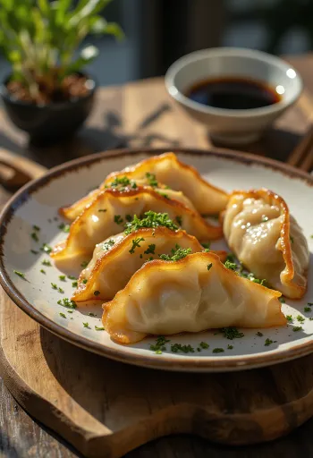 Gyoza gombóc üvegtésztával, aranybarnára sütve és finom szójaszósszal tálalva