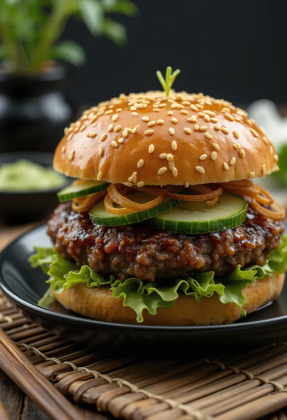 Frissen készült japán hamburger teriyaki mázzal és wasabival