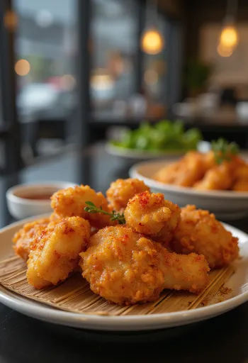Karaage shichimi togarashival, ropogós csirke darabok aranybarnára sülve