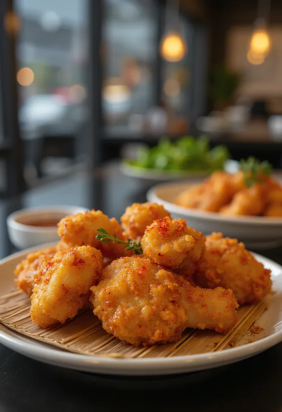 Karaage shichimi togarashival, ropogós csirke darabok aranybarnára sülve