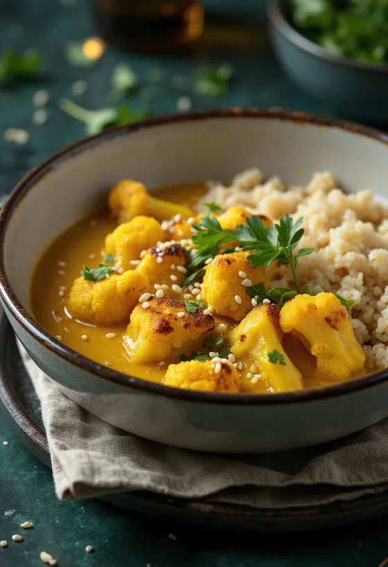 Karfiolos quinoa curry tofuval