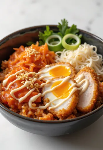 Kimchi-majonézes katsudon, gazdag ízű japán étel tálalva, friss zöldhagyma és szezámmag díszítéssel.