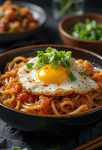 Kimchi tészta gazdag szójaszószban, tojással és zöldhagymával díszítve