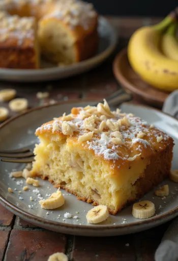 Kókuszos banántorta porcukorral megszórva és kókuszreszelékkel díszítve