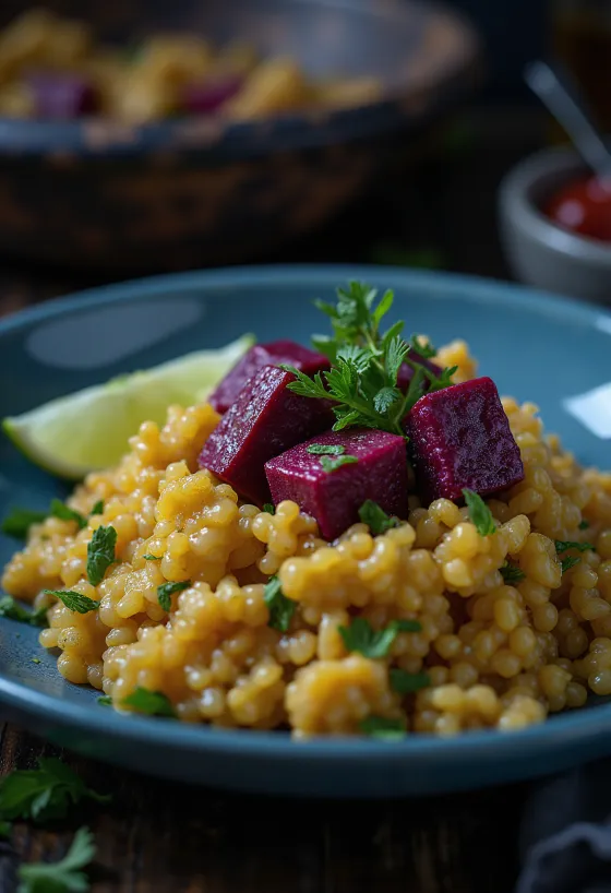 Lime-os quinoa curry tahinivel céklás tofuval tálalva