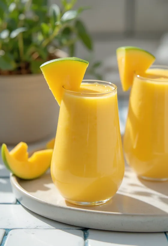 Mangós smoothie magas pohárban, mangószeletekkel díszítve
