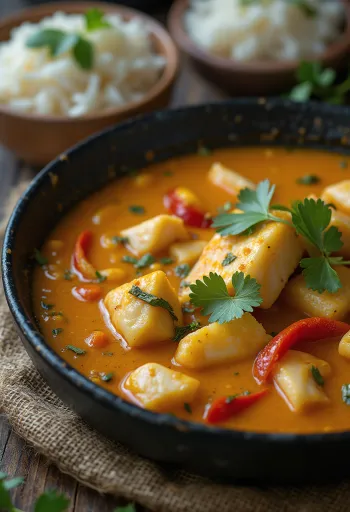 Moqueca gluténmentes, gazdag kókusztejes halétel tálalva