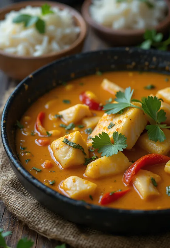 Moqueca gluténmentes, gazdag kókusztejes halétel tálalva