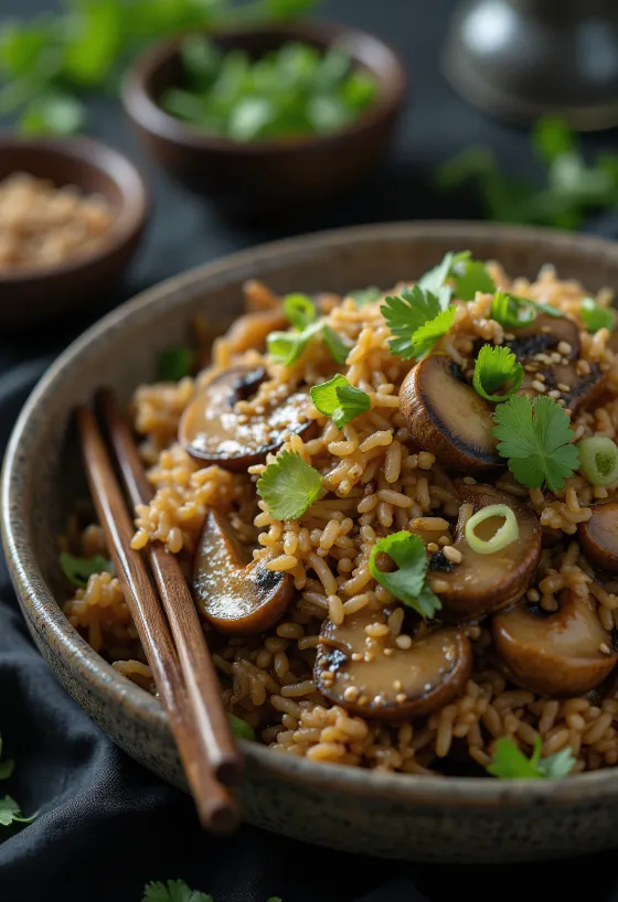 Nasi Goreng Gombával, gazdag fűszerekkel és friss gombákkal tálalva