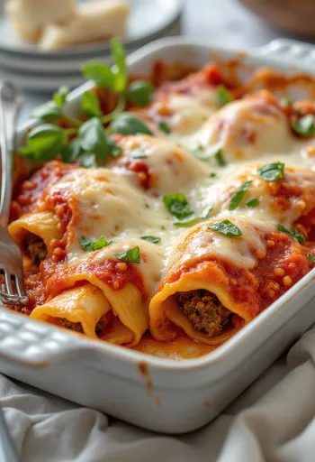 Kolbászos cannelloni paradicsomszósszal és sajttal tálalva