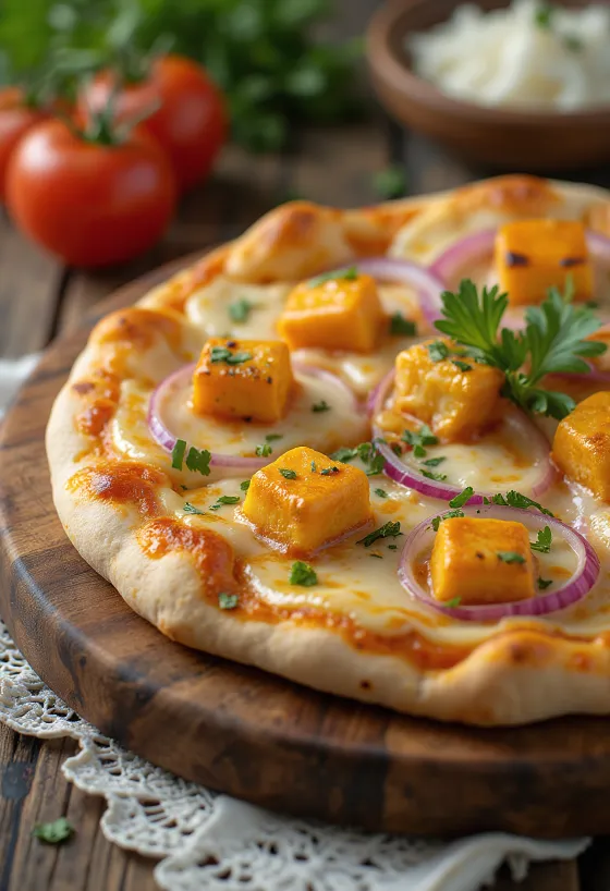 Paneer Tikka Pizza szeletek, fűszeres paneerrel és sajtokkal